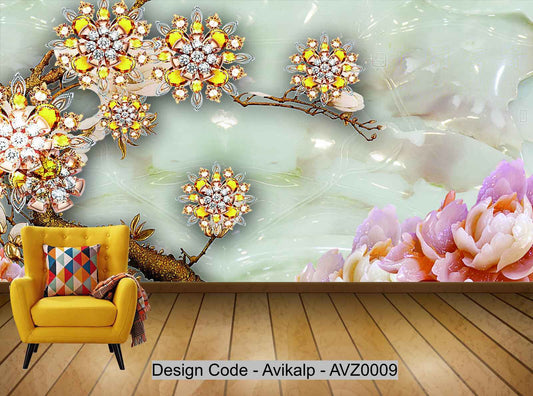 Avikalp Exclusive AVZ0009 European Luxury Jewelry Jade Flower Blossom Tv Background Wall HD 3D Wallpaper