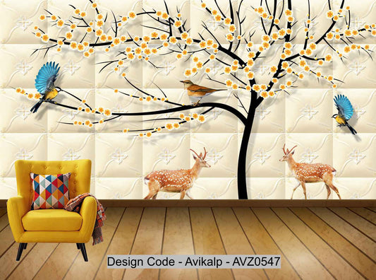 Avikalp Exclusive AVZ0547 Modern Beautiful Plum Blossom Bird Deer Tv Background Wall HD 3D Wallpaper