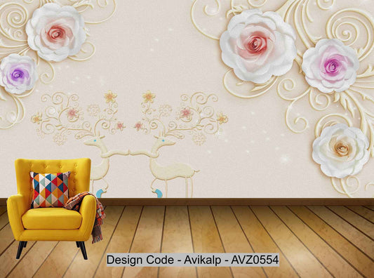 Avikalp Exclusive AVZ0554 Modern Beautiful Flower Embossed Sika Deer Tv Background Wall HD 3D Wallpaper