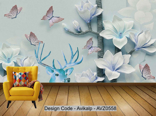 Avikalp Exclusive AVZ0558 3D Three Dimensional Aesthetic Embossed Magnolia Butterfly Deer Head Tv Background Wall HD 3D Wallpaper