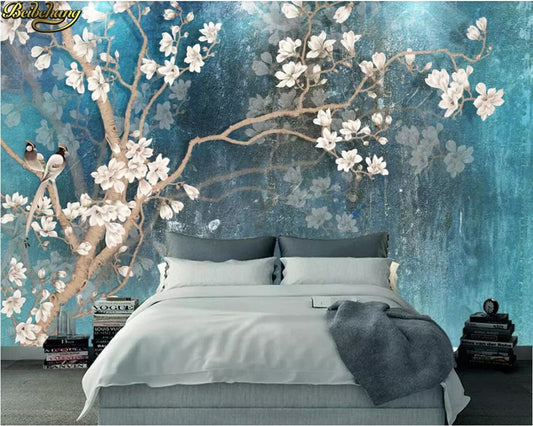 Avikalp Exclusive AWZ0236 3d wallpaper mural retro magnolia flower wall Nordic retro blue elegant HD 3D Wallpaper