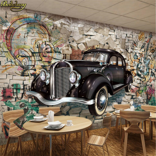 Avikalp Exclusive AWZ0237 3D Wallpaper Mural Retro Vintage Car Walking Wall 3D Stereo Restaurant Bar Mural Background HD 3D Wallpaper
