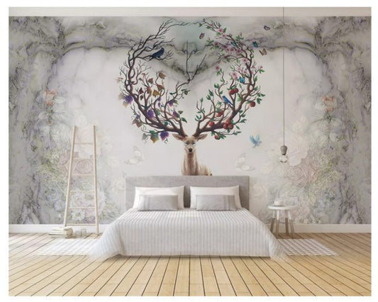 Avikalp Exclusive AWZ0364 3D Wallpaper Nordic Nostalgic Formaldehyde Vintage Elk Heart Shaped Background Mural HD 3D Wallpaper