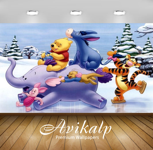 Avikalp Exclusive Awi2335 Winnie the Pooh Heffalump Tigger Piglet and Eeyore Winter skating on ice F