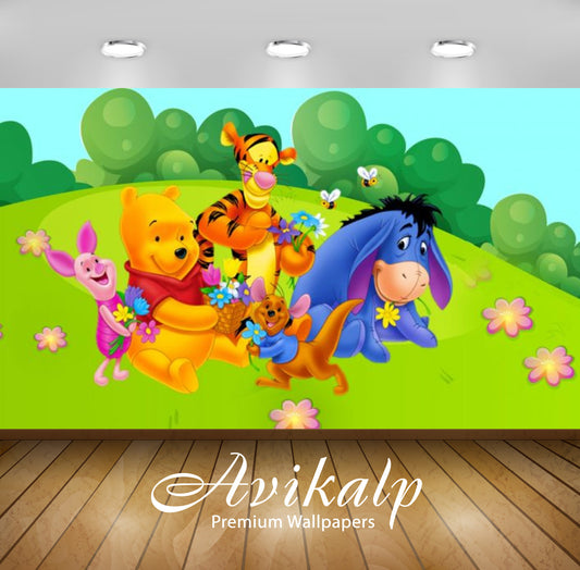 Avikalp Exclusive Awi2352 Winnie the Pooh Tigger kangaroo Roo Piglet Eeyore gray donkey Meadow with