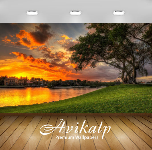 Avikalp Exclusive Awi2434 Beautiful Sunset Red Clouds Villa Lake Coast Green Meadow Tree Palm Water