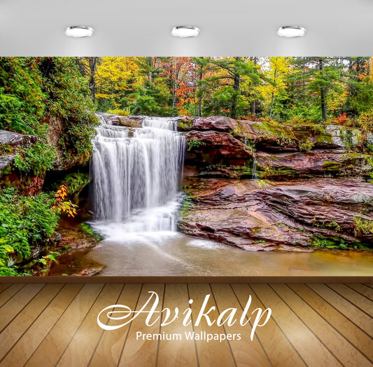 Avikalp Exclusive Awi3055 Stream Cascade Forest Falls Brown Rocks Surrounded By Trees Landscape Full