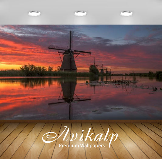Avikalp Exclusive Awi3063 Sunrise Dutch Channel Water Wind Red Sky With Cloud Reflection In Water Fu