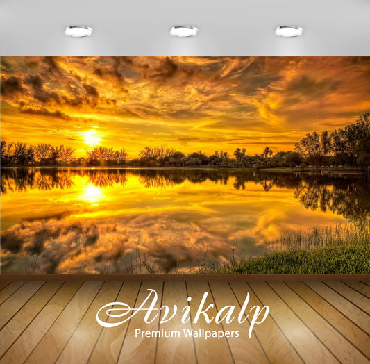 Avikalp Exclusive Awi3073 Sunset Calm Lake Trees Grass Yellow Sky Clouds Reflection In Water Full HD