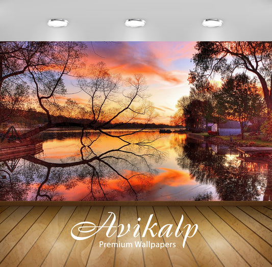 Avikalp Exclusive Awi3089 Sunset Lake Tree Red Clouds Eclipse Night Reflection Landscape Full HD Wal