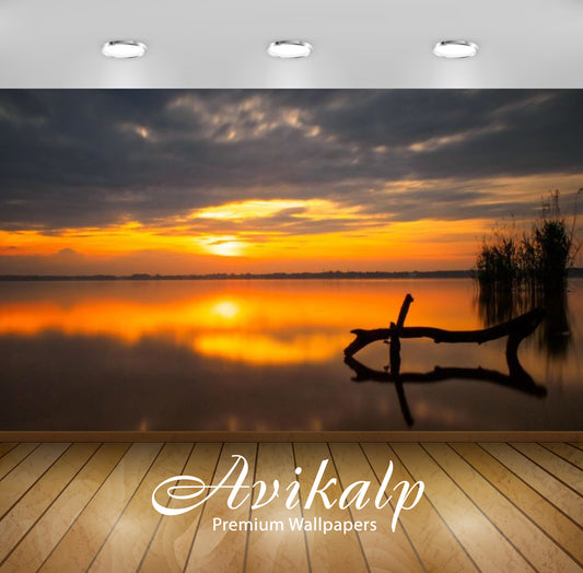 Avikalp Exclusive Awi3098 Sunset Peaceful Lake Water Reeds Cane Orange Sky Dark Clouds Reflection Fu