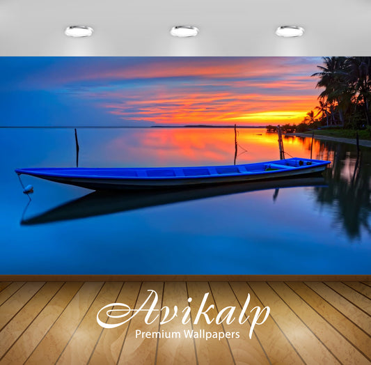 Avikalp Exclusive Awi3164 Tropical Sunset Boat Palms Trees Orange Sky Reflection In Water Full HD Wa