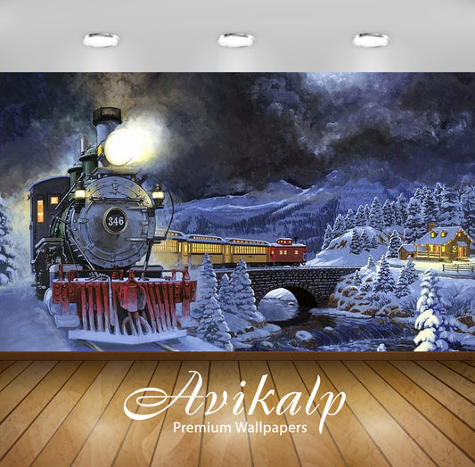 Avikalp Exclusive Awi3225 Winter Night Moving Train Light Snow Trees Stone Bridge Cozy House Full HD