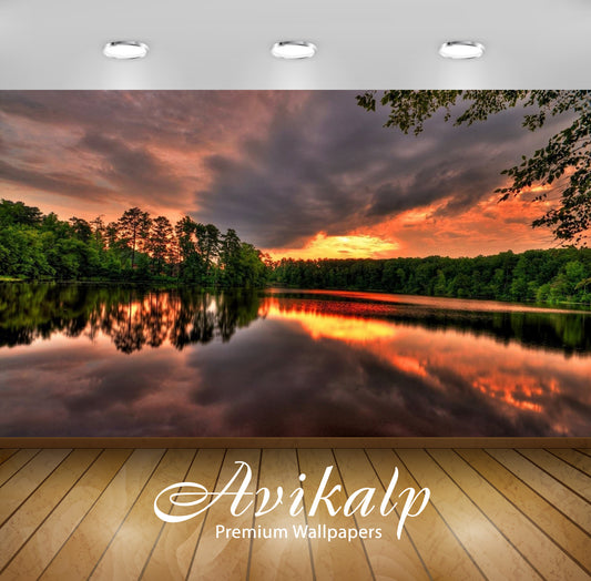 Avikalp Exclusive Awi5523 Golden Sunset Reaching Through Dark Clouds Reflecting In The Lak Nature Fu