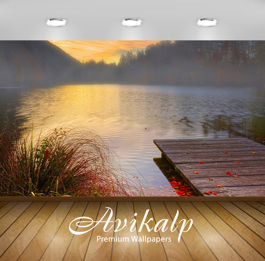 Avikalp Exclusive Awi5972 Red Leaves Near The Wooden Pier Towards The Golden Sunset Nature Full HD W