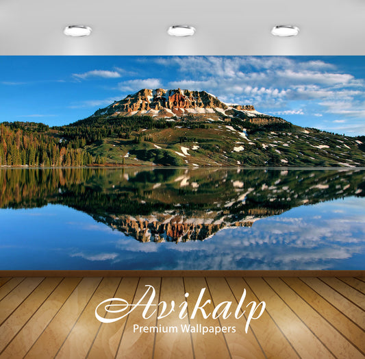 Avikalp Exclusive Awi6093 Rocky Peak Reflecting In The Lake Nature Full HD Wallpapers for Living roo