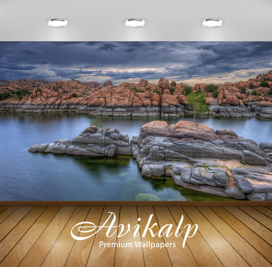 Avikalp Exclusive Awi6128 Rounded Rocks On The River Side Nature Full HD Wallpapers for Living room,