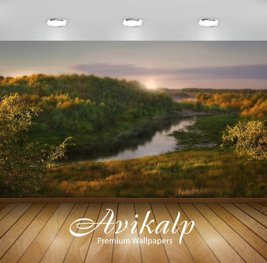 Avikalp Exclusive Awi6407 Sun Rises Above The River Nature Full HD Wallpapers for Living room, Hall,