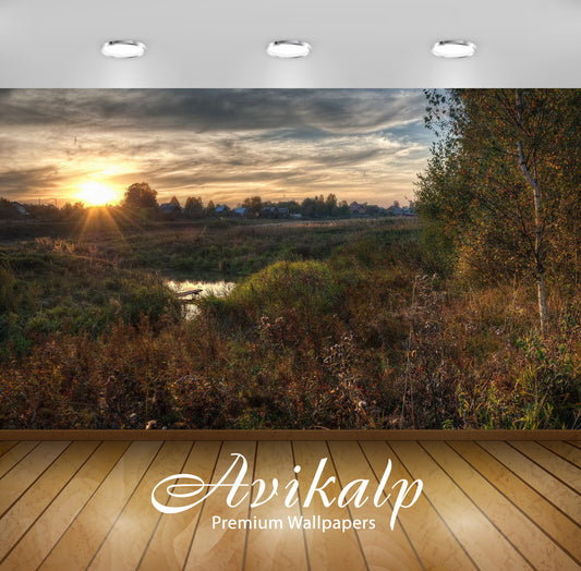 Avikalp Exclusive Awi6409 Sun Rising Over The Small Town Nature Full HD Wallpapers for Living room,