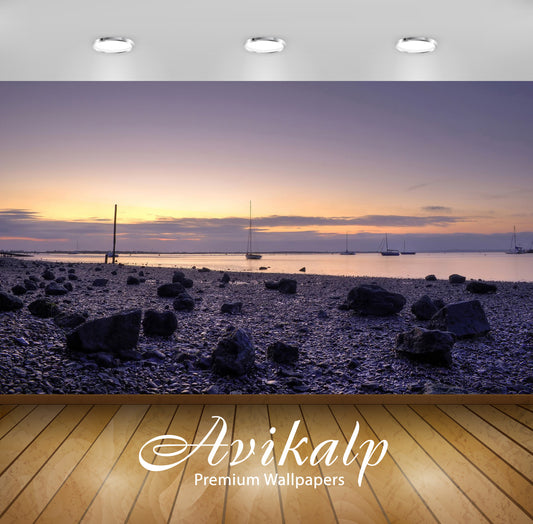 Avikalp Exclusive Awi6519 Sunset Over The Rocky Beach Nature Full HD Wallpapers for Living room, Hal