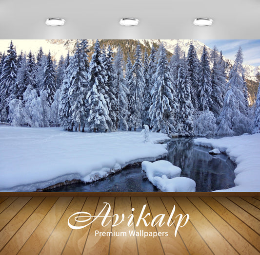 Avikalp Exclusive Awi6563 Thick Snow On The River Side Nature Full HD Wallpapers for Living room, Ha