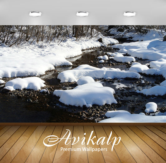 Avikalp Exclusive Awi6569 Thick Snow Over The Rocky River Nature Full HD Wallpapers for Living room,