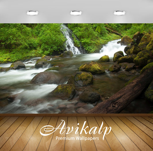Avikalp Exclusive Awi6645 Water Falling In The Rocky River Nature Full HD Wallpapers for Living room