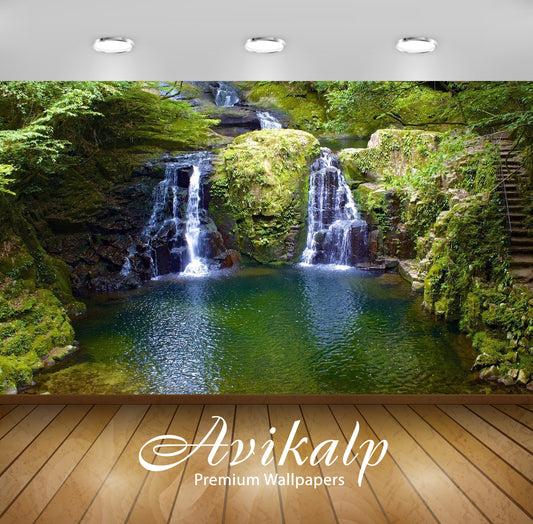 Avikalp Exclusive Awi6668 Waterfall On Rocky River Nature Full HD Wallpapers for Living room, Hall,