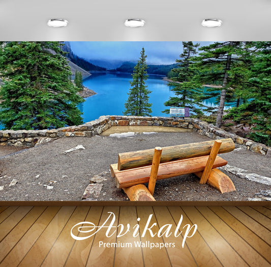 Avikalp Exclusive Awi6727 Wooden Bench On The Lake Shore Nature Full HD Wallpapers for Living room,