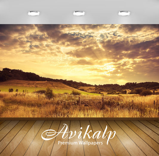 Avikalp Exclusive Awi6733 Wooden Gate On The Field Nature Full HD Wallpapers for Living room, Hall,