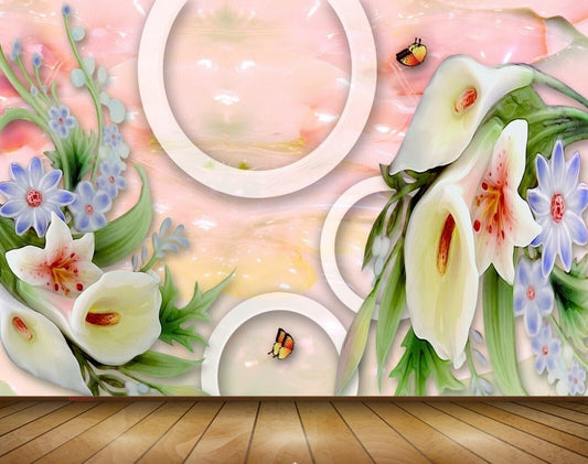 Avikalp MWZ0001 White Tulips Purple Flowers Butterflies 3D HD Wallpaper