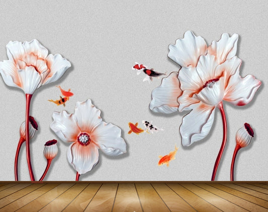 Avikalp MWZ0006 White Pink Flowers Fishes 3D HD Wallpaper