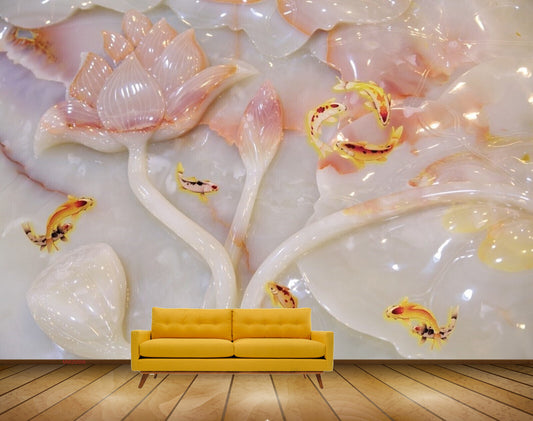 Avikalp MWZ0009 Pink Flowers Fishes HD Wallpaper