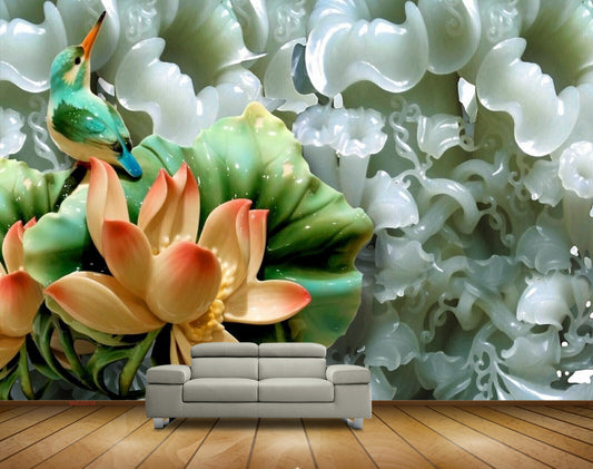 Avikalp MWZ0014 Bird Orange Lotus Flowers Leaves HD Wallpaper