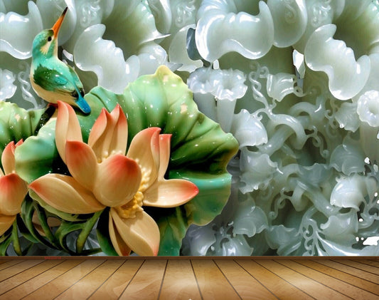 Avikalp MWZ0014 Bird Orange Lotus Flowers Leaves 3D HD Wallpaper