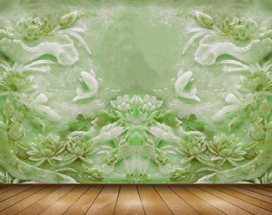 Avikalp MWZ0016 White Green Fishes Flowers 3D HD Wallpaper