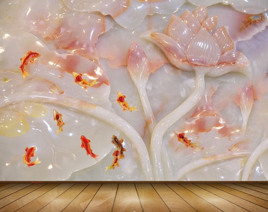 Avikalp MWZ0017 White Pink Flowers Fishes 3D HD Wallpaper