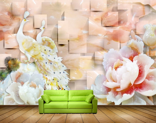 Avikalp MWZ0019 White Yellow Peacocks Pink Flowers HD Wallpaper