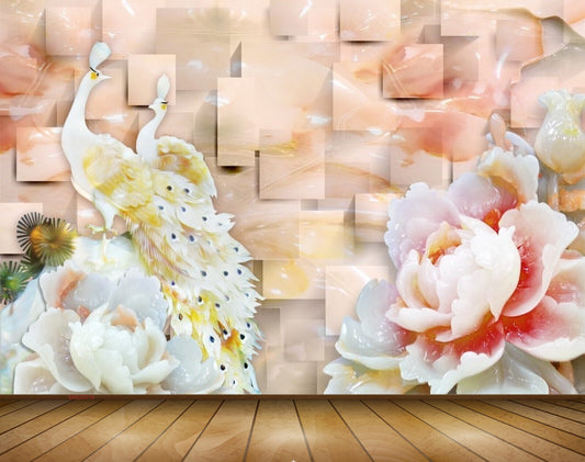 Avikalp MWZ0019 White Yellow Peacocks Pink Flowers 3D HD Wallpaper