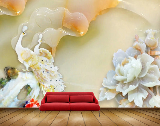 Avikalp MWZ0020 White Yellow Peacocks Flowers HD Wallpaper