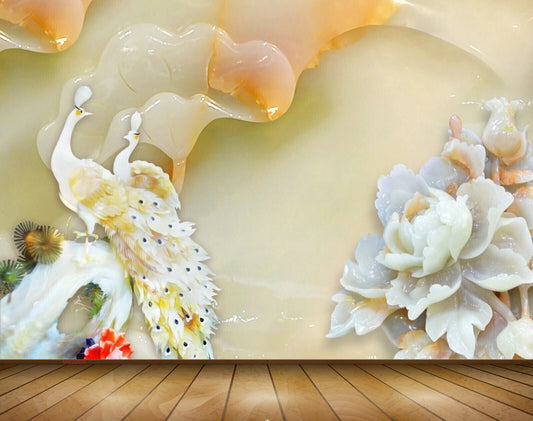 Avikalp MWZ0020 White Yellow Peacocks Flowers 3D HD Wallpaper