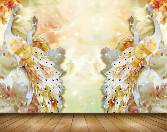 Avikalp MWZ0021 White Orange Peacocks Flowers 3D HD Wallpaper