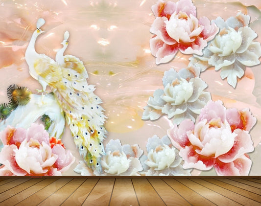 Avikalp MWZ0022 White Pink Flowers Peacocks 3D HD Wallpaper