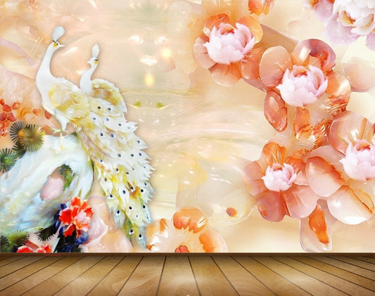 Avikalp MWZ0023 Peacocks Pink Orange Flowers 3D HD Wallpaper