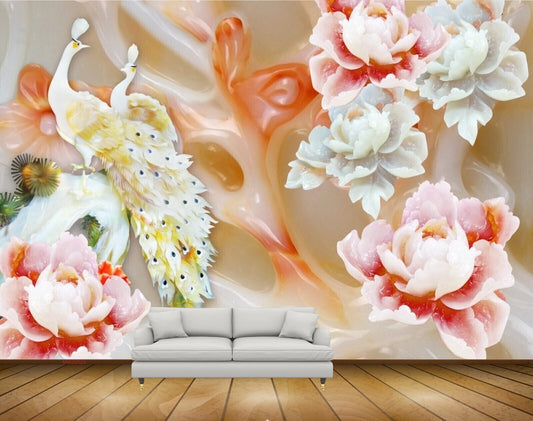 Avikalp MWZ0025 Peacocks White Pink Flowers HD Wallpaper