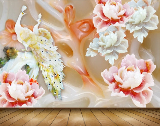Avikalp MWZ0025 Peacocks White Pink Flowers 3D HD Wallpaper