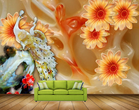 Avikalp MWZ0026 Peacocks Orange Flowers HD Wallpaper