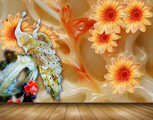 Avikalp MWZ0026 Peacocks Orange Flowers 3D HD Wallpaper