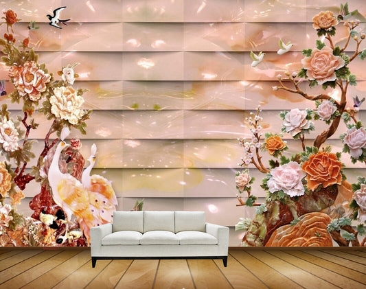 Avikalp MWZ0027 Peacocks Birds Orange Pink Flowers HD Wallpaper