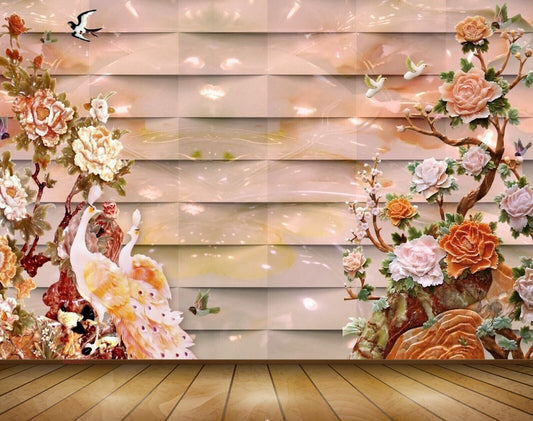 Avikalp MWZ0027 Peacocks Birds Orange Pink Flowers 3D HD Wallpaper